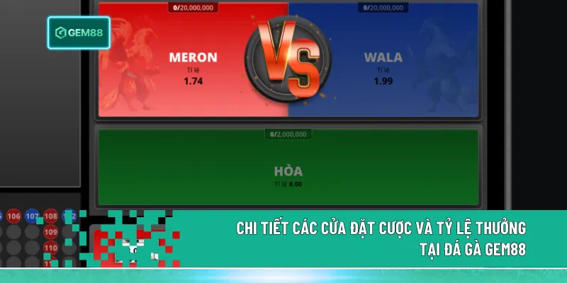 Giao diện cược đá gà Gem88 hiển thị rõ các cửa Xanh, Đỏ và Hòa cùng tỷ lệ thưởng cụ thể